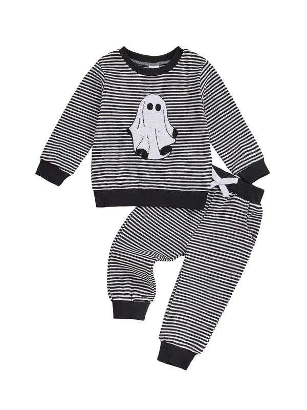 Baby Toddler Boys 2Pcs Halloween Outfit Ghost Embroidery Striped Long Sleeve Top and Elastic Pants Clothes Set