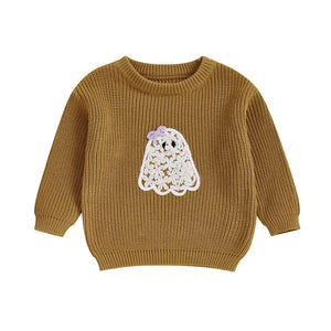 Baby Toddler Kids Girl Halloween Sweater Long Sleeve Round Neck Ghost Flower Embroidery Knit Pullover Top