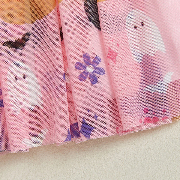 Baby Toddler Girls 2Pcs Girl Boo Halloween Outfit Long Sleeve Letter Ghost Embroidery Tops A-line Tulle Skirt Set