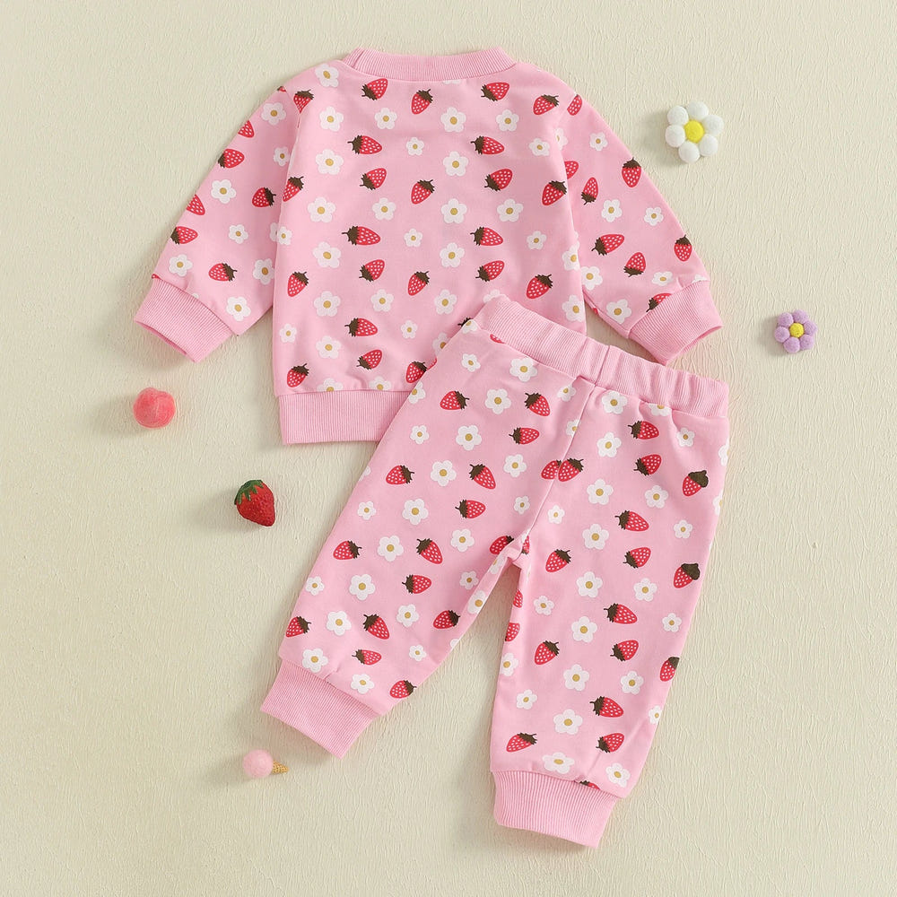 Baby toddler girl 2-piece fall outfit with strawberry flower print, long sleeve top and jogger pants set.