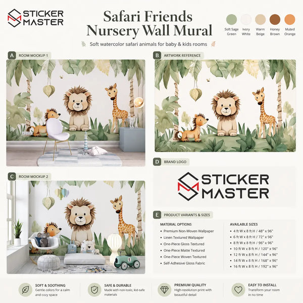 Safari Friends Nursery Wall Mural | Kids Room Wallpaper