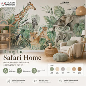 Safari Watercolor Friends Wall Mural for Nursery Wallpaper
