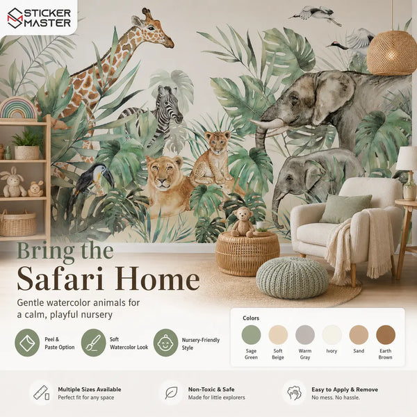 Safari Watercolor Friends Wall Mural for Nursery Wallpaper