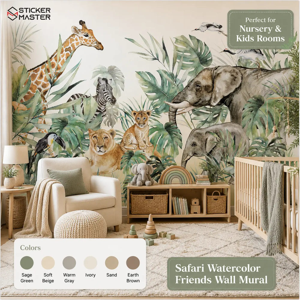Safari Watercolor Friends Wall Mural for Nursery Wallpaper