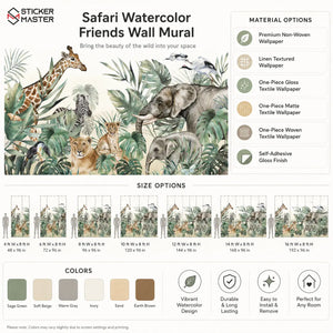 Safari Watercolor Friends Wall Mural for Nursery Wallpaper