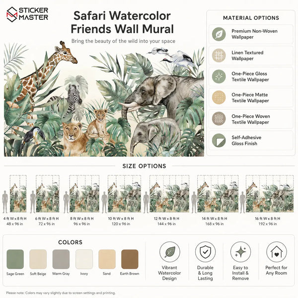 Safari Watercolor Friends Wall Mural for Nursery Wallpaper