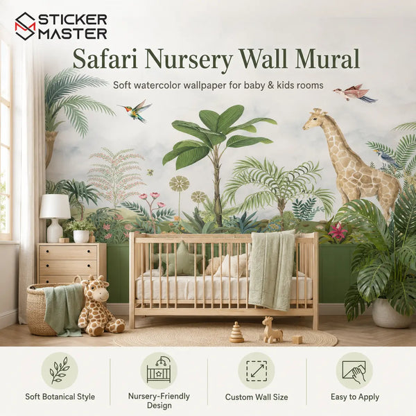 Green Safari Wainscot Kids Room Wallpaper by Sticker Master