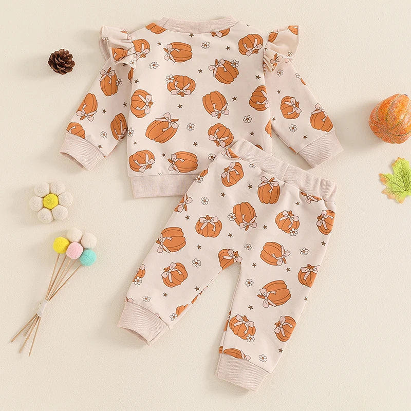 Baby toddler girl Halloween outfit set with pumpkin print long sleeve top and elastic waist pants.