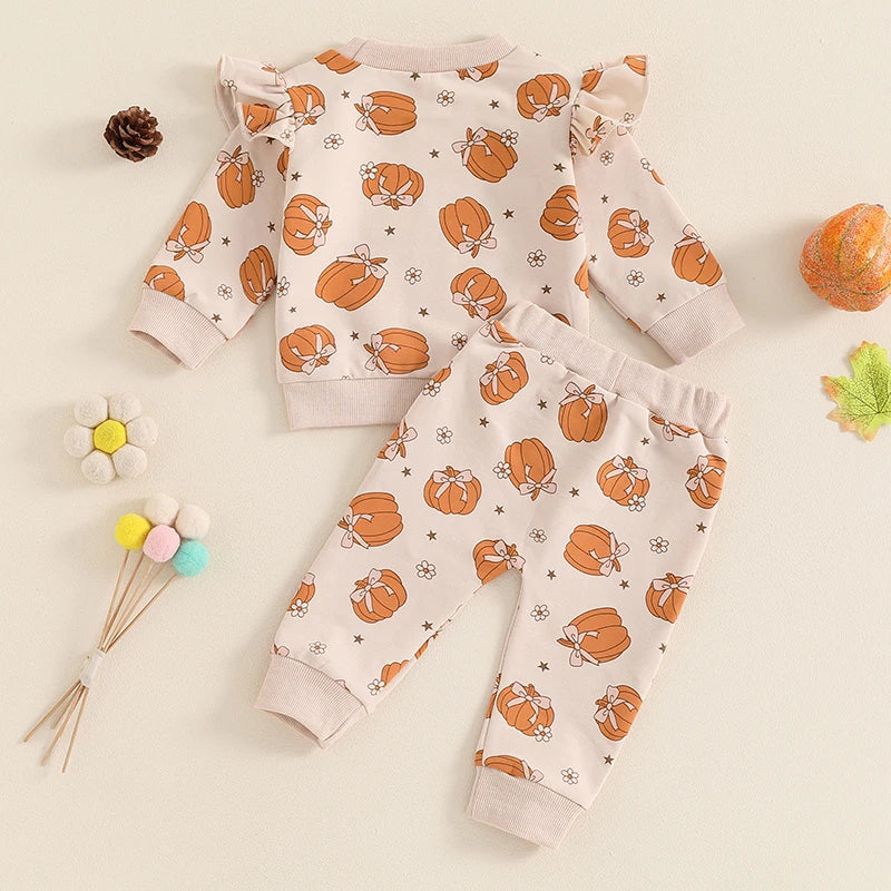 Baby Toddler Girl 2Pcs Halloween Outfit Pumpkin Print Long Sleeve Top with Elastic Waist Pants Set