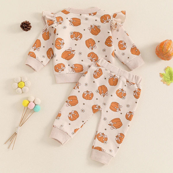 Baby Toddler Girl 2Pcs Halloween Outfit Pumpkin Print Long Sleeve Top with Elastic Waist Pants Set