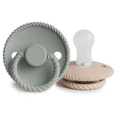 FRIGG Rope Silicone Pacifier 2-Pack in soft colors, perfect for soothing babies and promoting healthy oral development.