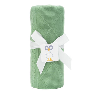 Soft sage knit baby blanket, perfect for cozying up your little one.