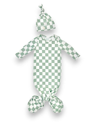 Sage knotted gown set for babies, featuring soft fabric and a stylish design, perfect for comfort and easy dressing.