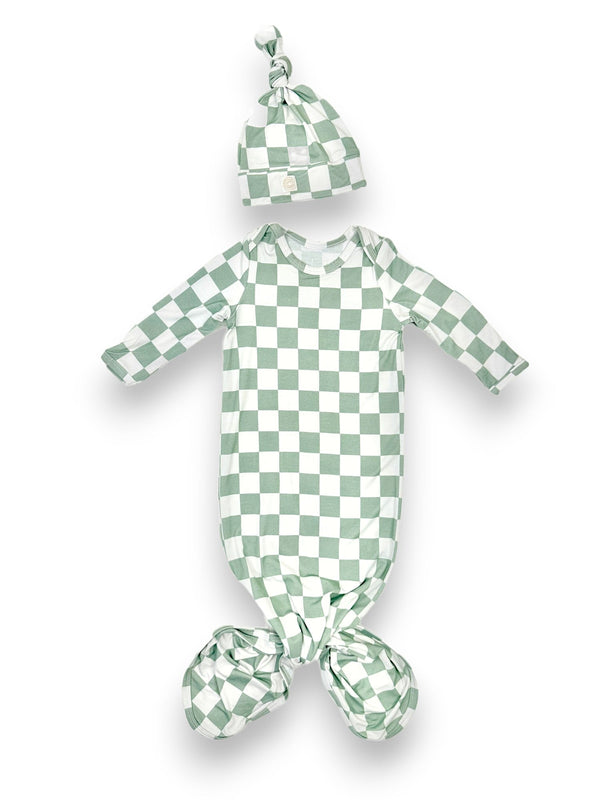 Sage knotted gown set for babies, featuring soft fabric and a stylish design, perfect for comfort and easy dressing.