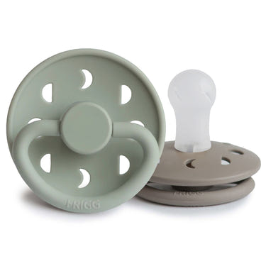 FRIGG Moon Silicone Pacifier 2-Pack in soft colors, perfect for soothing babies comfortably and safely.