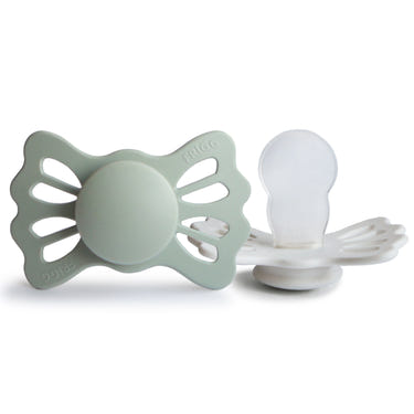 FRIGG Lucky Symmetrical Silicone Pacifier 2-Pack for babies 6-18 months, featuring soft, safe silicone design.