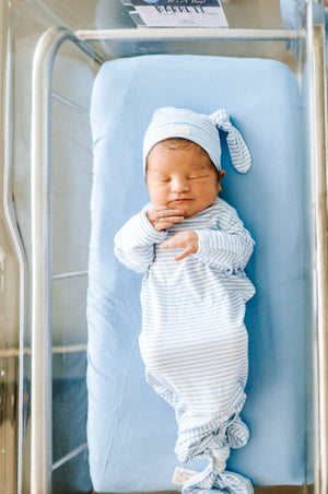 Samuel Knotted Gown Set in angle 2 view, soft fabric, perfect for newborns, stylish and comfortable sleepwear.