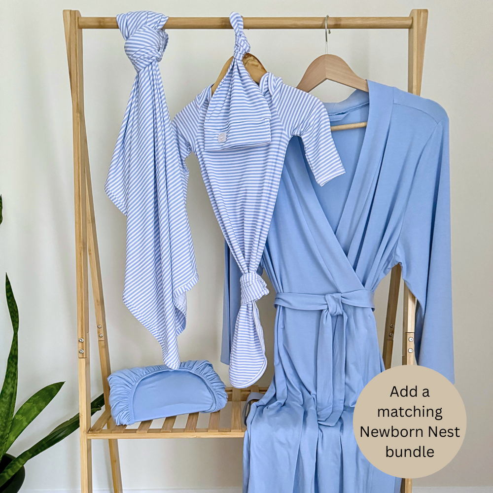 Solid dusty blue mommy robe for comfortable and stylish wear. Perfect for new moms.
