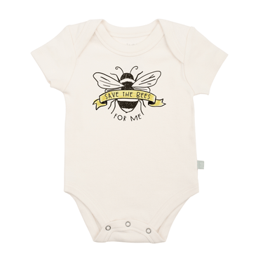 "Graphic short sleeve bodysuit for babies featuring a 'Save the Bees' design."