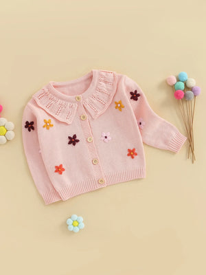 Baby Toddler Girls Cardigan Sweater 3D Flower Design Button Down Long Sleeve Knitted Top