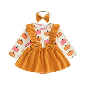 Baby girls' Halloween romper dress set with pumpkin print and headband, perfect for festive occasions.