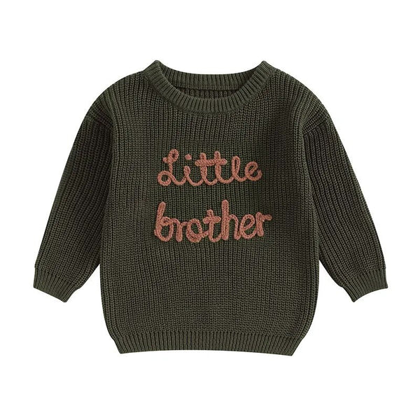Baby boys' sweater with letter embroidery, "Little Brother," crew neck, long sleeve pullover top, angle view.