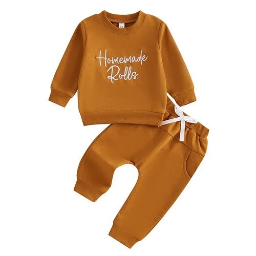 Baby toddler 2pcs Thanksgiving outfit with embroidered top and solid jogger pants, perfect for fall celebrations.