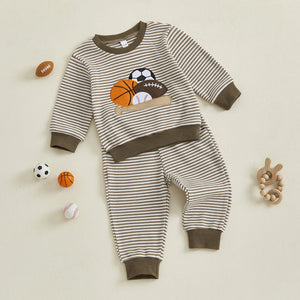 Baby Toddler Boys 2Pcs Fall Outfit Rugby Embroidery Striped Long Sleeve Top and Elastic Pants Clothes Set