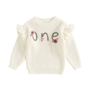 Baby girl birthday sweater with floral embroidery, long sleeve knitted pullover for infants, angle 7 view.
