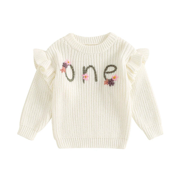 Baby girl birthday sweater with floral embroidery, long sleeve knitted pullover for infants, angle 7 view.