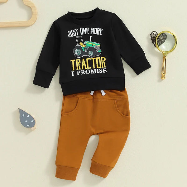 Baby Toddler Boys 2Pcs A Little Dirt Never Hurt/ Just One More Tractor I Promise Fall Outfit Letter Tractor Print Long Sleeve Top and Long Pants Set
