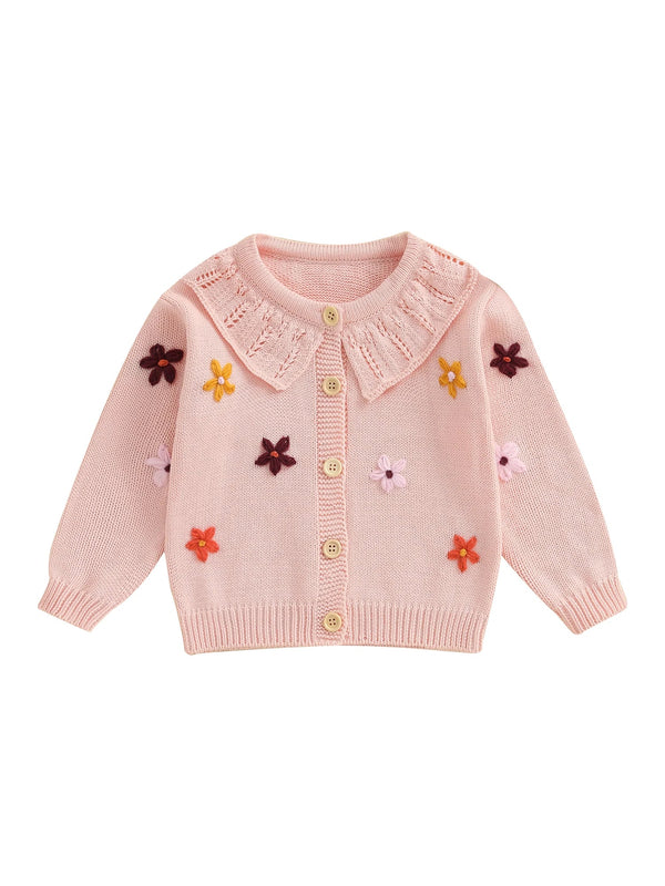 Baby Toddler Girls Cardigan Sweater 3D Flower Design Button Down Long Sleeve Knitted Top