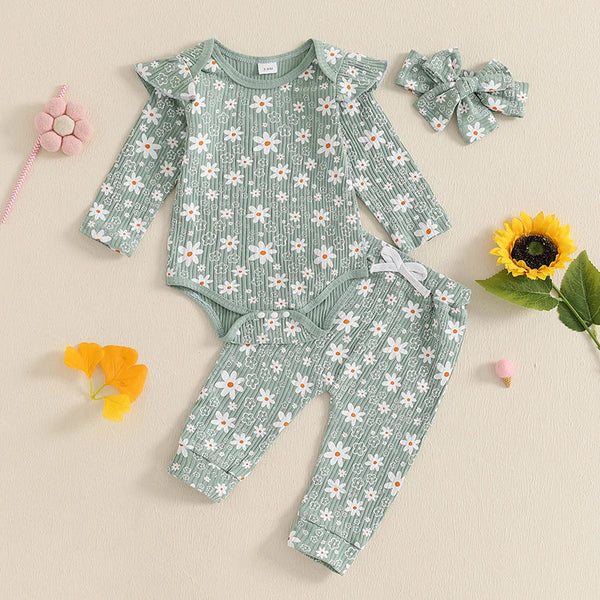 Baby girl floral print romper, long pants, and headband set for spring and fall, angle 4 view.