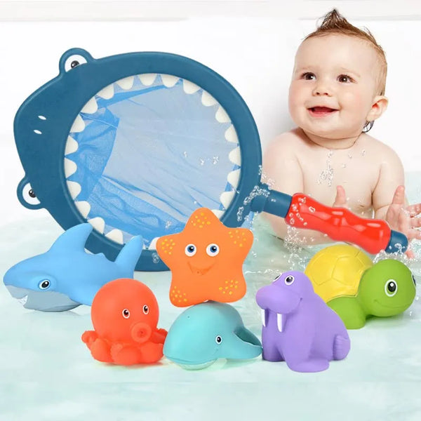 Bath Toy Set 6 Floating Animals + Net