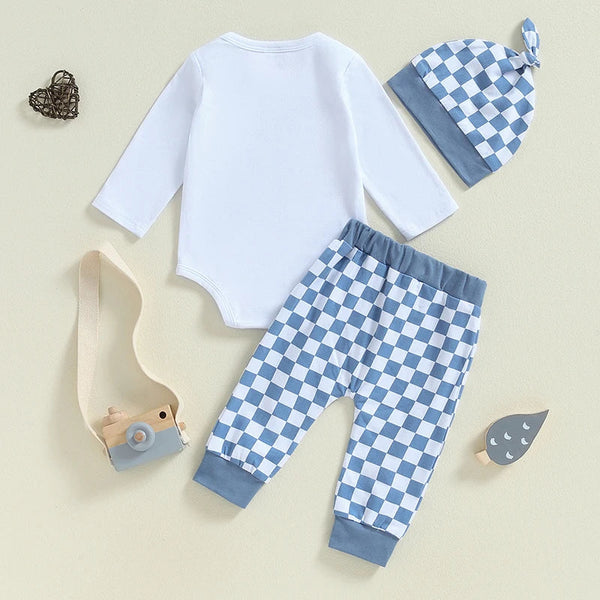 Baby Boys Girls 3Pcs Lil Bro / Sis Fall Outfit Letter Embroidery Long Sleeve Romper Checkered Print Pants Beanie Hat Set