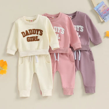 "Baby 'Daddy's Girl' pants and sweatshirt set in multiple colors, perfect for stylish and cozy outfits."