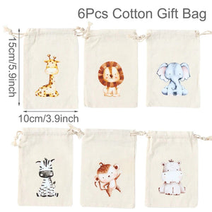 Set of 6 cotton canvas bags with multi-variant animals