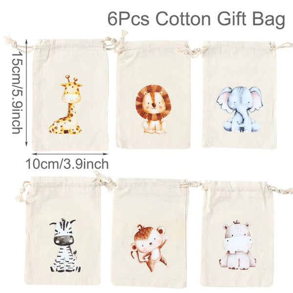 Set of 6 cotton canvas bags with multi-variant animals