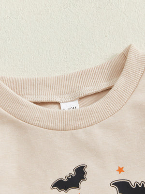 Baby Toddler Boys 2Pcs My First Halloween Outfit Letter Print Long Sleeve Top with Bat Embroidered Jogger Pants Set