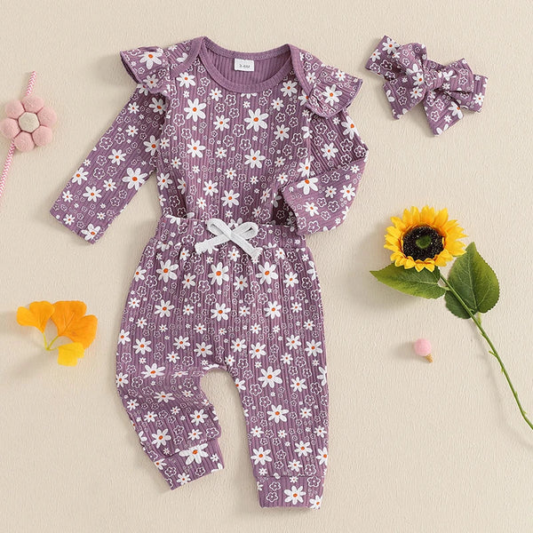 Baby girl floral print romper, long pants, and headband set for spring and fall outfits, angle 11 view.