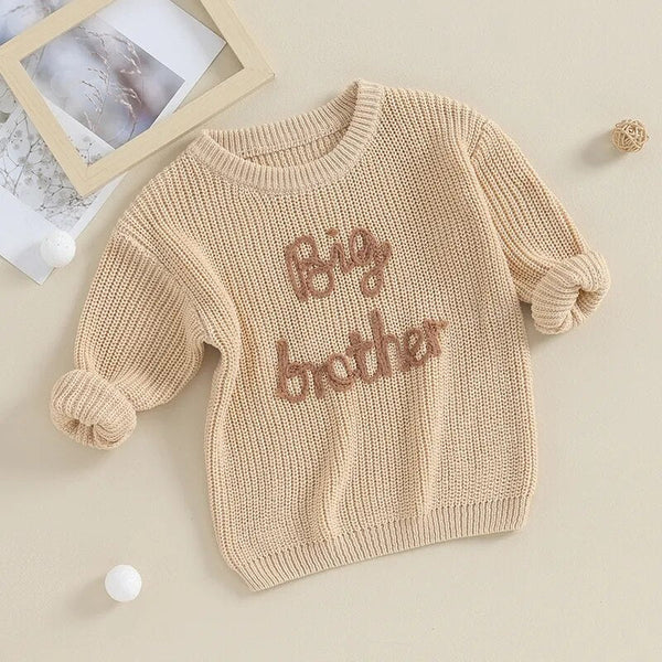 Toddler boys' long sleeve sweater with big brother embroidery, loose knitwear in cotton, angle view.