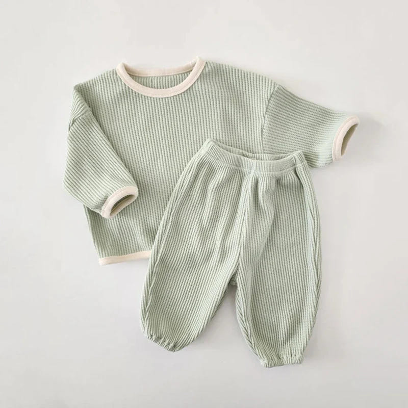 Baby boys girls 2pcs waffle cotton pullover crewneck top and jogger pants outfit set.