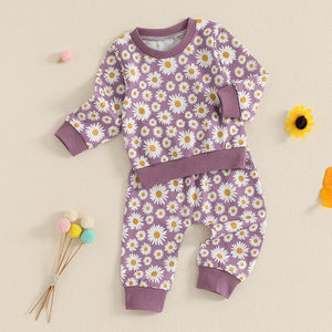 Baby Toddler Girls 2Pcs Fall Outfit Daisy Flower Print Long Sleeve Crewneck Top and Elastic Pants Jogger Set