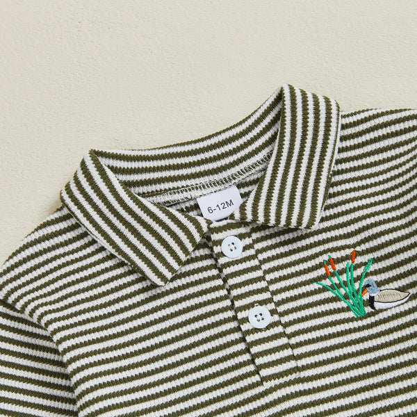 Baby Toddler Boys 2Pcs Long Sleeve Embroidery Duck Top with Striped Pants Infant Clothes Set