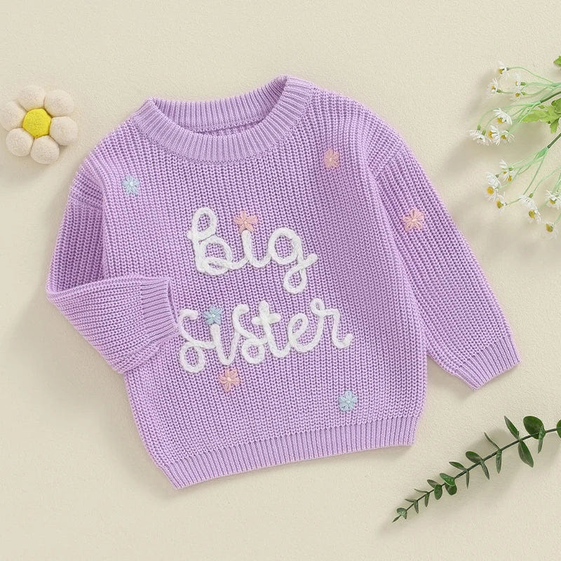 Cute toddler girl big sister sweater with long sleeves and letter embroidery, perfect for baby and toddler outfits.