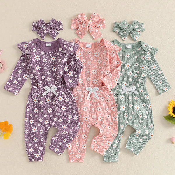 Baby girl floral print romper, long pants, and headband set for spring and fall outfits. Perfect for stylish toddlers.