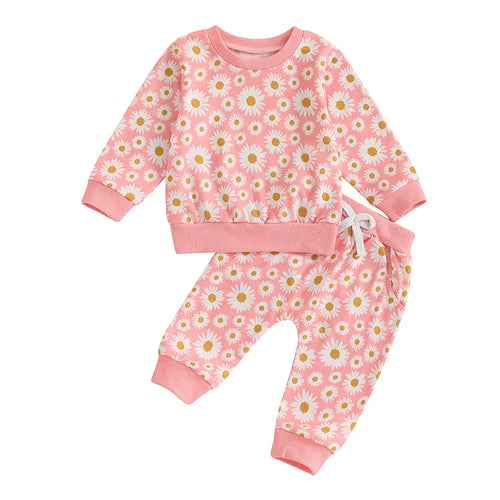 Baby toddler girls' 2-piece fall outfit with daisy print top and elastic jogger pants, angle view.