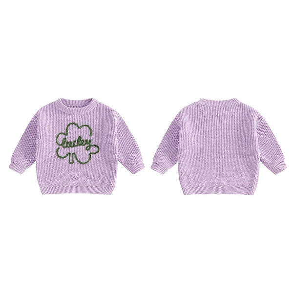 Baby Toddler Kids Boys Girls Lucky Knit Sweater Long Sleeve Round Neck Shamrock Letter Embroidery Pullover Spring St. Patrick's Day Top