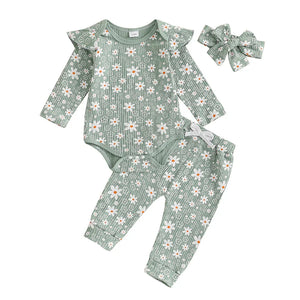 Baby girl floral print romper, long pants, and headband set for spring and fall outfits, angle 14 view.