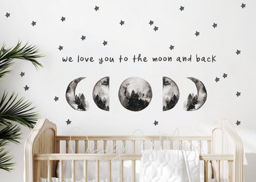 "I Love You to the Moon and Back" nursery wall art decals featuring a full moon and stars for baby rooms.